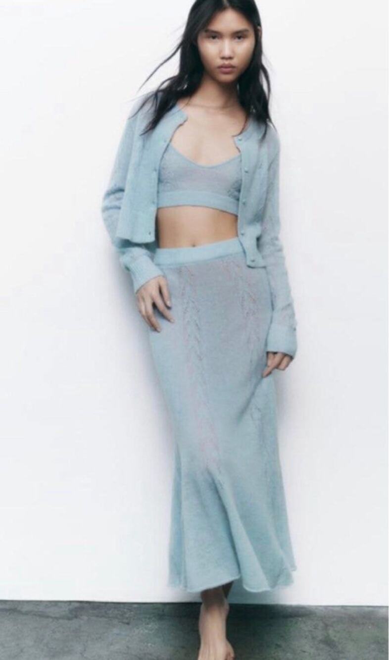 Zara Alpaca Wool Blend Pointelle Knit Midi Skirt Light Blue NWT Size Small
